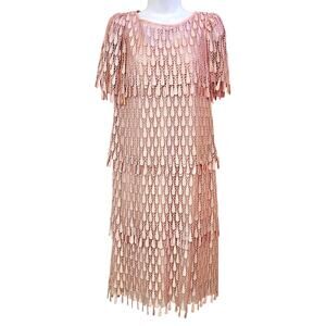 Vintage Union Made Pink Midi Dress Size 10 Layered Tiered Lace Romantic Feminine